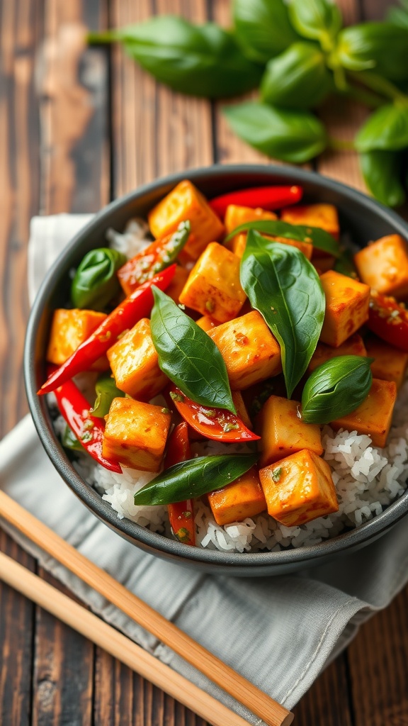 Spicy Thai Basil Tofu Stir-Fry with crispy tofu, bell peppers, and basil served over jasmine rice, on a rustic wooden table.